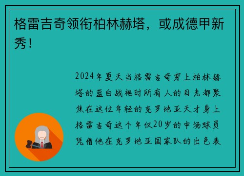 格雷吉奇领衔柏林赫塔，或成德甲新秀！