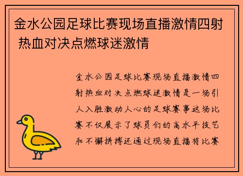 金水公园足球比赛现场直播激情四射 热血对决点燃球迷激情